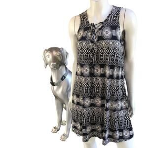 Veronica M Tie Front Geometric Print Black White Flowy Dress Women's Size M